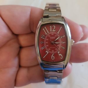Casio Watch For Women LTP-1208D-4B red dial vintage silvertone